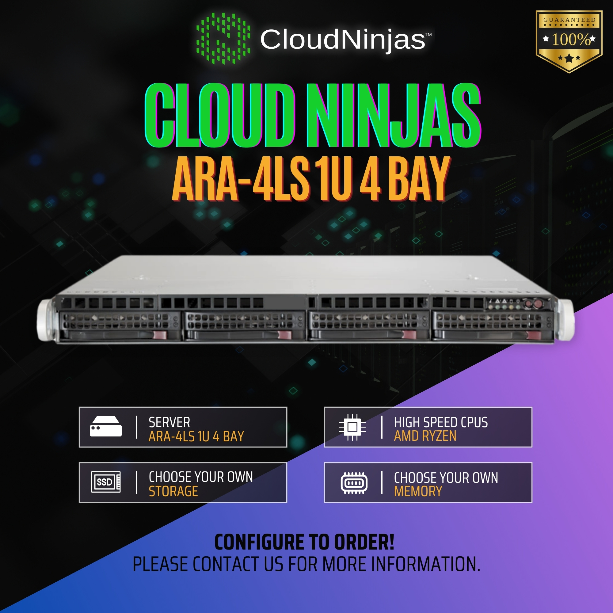 Cloud Ninjas ARA-4LS 1U 4 Bay Server AMD Ryzen 9 7950X 16